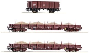 Wagon towarowy Roco 77041 H0 zestaw 3 wagonów towarowych, pociąg piaskowy, DR Dwie platformy typu Res typu El gondola