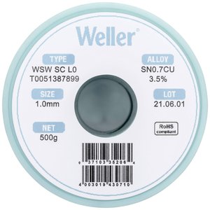 Cyna lutownicza bezołowiowa Weller WSW SC L0 szpula Sn0,7Cu  500 g 1 mm