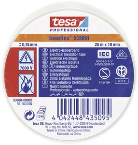 tesaflex® 53988 — taśma izolacyjna z PVC do izolowania i oznaczania kabli, 25 m x 19 mm, biała Taśma izolacyjna tesa  53988-00062-00 tesaflex IEC (D x S) 25 m x 19 mm 25 m 1 szt.