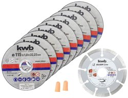 kwb 712031, tarcze tnące + tarcza diamentowa, cienka diamentowa szlifierka kątowa Ø 115 mm tarcza tnąca do stali nierdzewnej INOX w pudełku do przechowywania wraz z zatyczkami do uszu 115 x 1,0 x 22,23, Ø Zestaw tarcz tnących kwb 712031 115 mm 10 szt.
