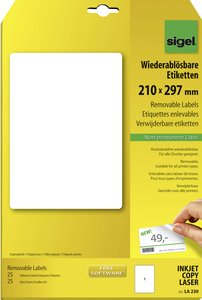 Sigel LA230 Etykieta uniwersalna 210 x 297 mm Papier biały 25 szt. Z możliwością usunięcia Drukarka atramentowa, Drukarka Laserowa, Drukarka Laserowa, kolorowa, Kopiarka, Drukarka z funkcją kopiowania w kolorze