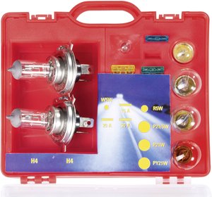 Pudełko z żarówkami samochodowymi Unitec 73084, 2 x H4 60 / 55 W, P21 / 5 W, P21W, PY21W, R5W, W5W, bezpieczniki 15 A, 20 A, 30