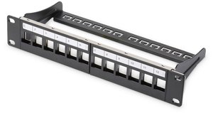 Modułowy panel krosowy Digitus, ekranowany 12-portowy, goły, 1HE, 254 mm (10'') Obudowa Rack, kolor czarny RAL 9005 Element przedni Digitus DN-91420 DN-91420, 1 szt.