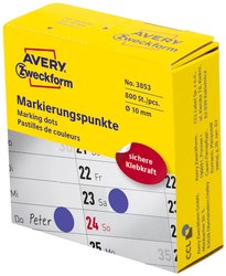 Oznaczniki samoprzylepne AVERY Zweckform (ø 10 mm, 800 kropek samoprzylepnych na rolce w dyspenserze, papier, mat) niebieski Avery-Zweckform 3853 Etykiety do oznaczników Ø 10 mm niebieski 800 szt. Trwały Papier