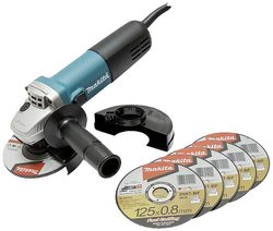 Szlifierka kątowa Makita 840W 125mm z tarczą szlifierską i tarczami tnącymi 5 w pudełku Szlifierka kątowa Makita 9558HNRX1, z tarczami