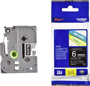 Taśma do nadruku  Brother TZe TZe-315  Kolor taśmy: czarny Kolor nadruku:biały 6 mm 8 m