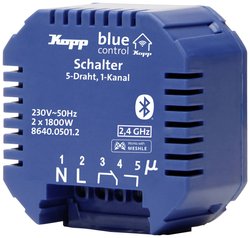 Aktor przełączający Blue-Control, 1-kanałowy, 5-żyłowy, ze stykiem bezpotencjałowym, z technologią Bluetooth mesh, 230 V~, 50 Hz, 3600 W, 2,4 GHz, IP20 Element wykonawczy Kopp 8640.0501.2, 1 szt.
