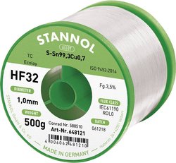 Cyna lutownicza bezołowiowa Stannol HF32 3500 szpula Sn99,3Cu0,7 REL0 500 g 1 mm