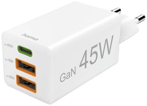 Hama Schnellladegerät, GaN, 1x USB-C PD, 2x USB-A QC, Mini-Ladegerät, 45 W, Weiß Ładowarka USB  dom, gniazdo  Ilość wyjść: 3 x USB-A, złącze żeńskie USB-C (Power Delivery) USB Power Delivery (USB-PD)