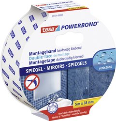 tesa Powerbond® dwustronna taśma samoprzylepna do luster — idealna do mocowania przedmiotów do twardych powierzchni (np. luster łazienkowych), odporna na wilgoć Taśma montażowa tesa tesa® Powerbond 55734-00000-02 MIRROR (D x S) 5 m x 38 mm 5 m 1 szt.