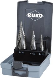 Zestaw wierteł stopniowych HSS spiralnie żłobionych w rozmiarach 0/9, 1, 2 w walizce z tworzywa ABS - 3 sztuki. Zestaw wierteł stożkowych stopniowych RUKO 101026RO 1 zest.