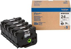 Zestaw kaset z taśmą HGe Multipack (5 szt./opakowanie) do Brother P-touch 9500PC, 9700PC, 9800PCN, D800W, P900W, P950NW, RL700S Brother HGE151V5, 24 mm x 8 m, Kolor taśmy: przeźroczysty / Kolor nadruku: czarny