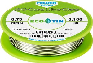 Cyna lutownicza bezołowiowa Felder Löttechnik ISO-Core ''Ultra-Clear'' Sn100Ni+ szpula Sn99,25Cu0,7Ni0,05  0.100 kg 0.75 mm