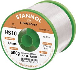 Cyna lutownicza bezołowiowa Stannol HS10 2510 szpula Sn99,3Cu0,7 ROM1 500 g 1 mm