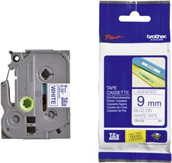 Taśma do nadruku  Brother TZe TZe-223  Kolor taśmy: biały Kolor nadruku:niebieski 9 mm 8 m