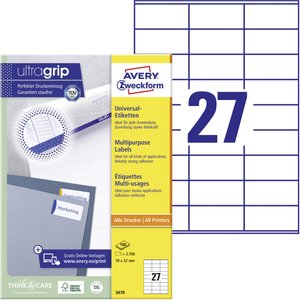 Avery Zweckform 3479 uniwersalne etykiety, trwałe, z Ultragrip, 70 x 32 mm, atramentowe, laserowe czarno-białe, kolorowe laserowe, A4 Avery-Zweckform 3479 Etykieta uniwersalna 70 x 32 mm Papier biały 2700 szt. Trwały Drukarka Laserowa, kolorowa, Drukarka 