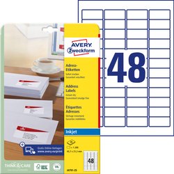 Avery-Zweckform J4791-25 Etykieta adresowa 45.7 x 21.2 mm Papier biały 1200 szt. Trwały Drukarka atramentowa, Drukarka etykiet