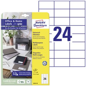 Avery-Zweckform 3474-10 Etykieta uniwersalna 70 x 37 mm Papier biały 240 szt. Trwały Drukarka atramentowa, Drukarka Laserowa, Drukarka Laserowa, kolorowa, Kopiarka, Drukarka z funkcją kopiowania w kolorze, Drukarka etykiet