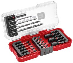Einhell S-CASE 18 szt. Zestaw akcesoriów odpornych na uderzenia, bity 25 mm i 50 mm, uchwyt na bity 60 mm, klucz nasadowy, wiertarka do metalu ze skrzynką do przechowywania Zestaw nasadek trzpieniowych Einhell 108709 1/4'' (6,3 mm)