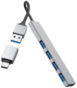 Hub USB Hama, 4 porty, USB 3.2 Gen1, 5 Gbit/s, bardzo cienki, z adapterem USB-C Hub USB 3.2 Gen 1 Hama Ultra Slim 4 porty z wtyczką USB-C szary
