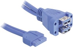 Delock Kabel USB 3.0 z wtyczką wtykową do gniazda 2x USB 3.0-A jeden nad drugim, niebieski 0,45 m Kabel USB Delock, USB 3.2 Gen1 (USB 3.0), Złącze męskie 19 pin., Złącze żeńskie USB-A, 0.45 m