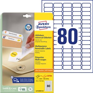 Avery-Zweckform L4732REV-25 Etykieta uniwersalna 35.6 x 16.9 mm Papier biały 2400 szt. Z możliwością usunięcia Drukarka atramentowa, Drukarka Laserowa, Drukarka Laserowa, kolorowa, Kopiarka, Drukarka z funkcją kopiowania w kolorze, Drukarka etykiet
