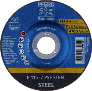 PFERD 62011634 E 115-7 PSF STEEL Tarcza tnąca wygięta Średnica 115 mm Średnica otworu 22.23 mm żeliwo, stal, staliwo 10 szt.