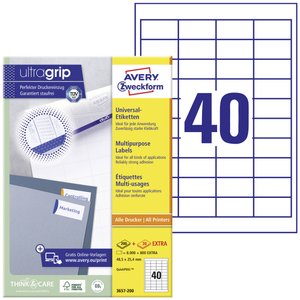 Avery-Zweckform 3657 Etykieta uniwersalna 48.5 x 25.4 mm Papier biały 4000 szt. Trwały Drukarka atramentowa, Drukarka Laserowa, Drukarka Laserowa, kolorowa, Kopiarka, Drukarka z funkcją kopiowania w kolorze, Drukarka etykiet