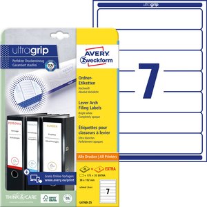 Etykiety na foldery Avery Zweckform L4760-2538 x 192 mm, Inkjet, kolorowa drukarka laserowa, laserowa s/w, kopiarka, do wąskich folderów (krótki), Leitz, Elba, Esselte, Mehle, Herlitz, bene Etykiety do folderów Avery-Zweckform L4760-25, 210 szt.