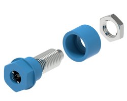 Izolowane gniazdo Ø4mm z końcówką otworową Ø2mm, kołkiem gwintowanym M6 i nakrętką sześciokątną, niebieskie Electro PJP 3230-C-CD1-BL Gniazdo laboratoryjne 1 szt.