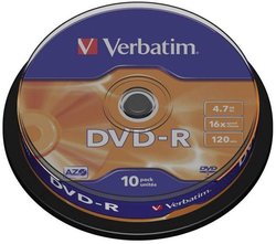 Verbatim DVD-R 4.7GB 16x 10 mm Srebrny Matowy trzpień 10 mm DVD-R Verbatim 43523 10 szt.