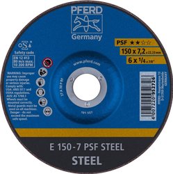 Tarcza szlifierska linia uniwersalna PSF do stali z odsadzeniem ø 125 do szlifierek kątowych z otworem 22,23 PFERD 62015628 E 150-7 PSF STEEL Tarcza tnąca wygięta Średnica 150 mm   10 szt.