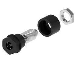 Izolowane gniazdo Ø4mm z końcówką otworową Ø2mm, kołkiem gwintowanym M6 i nakrętką sześciokątną, czarne Electro PJP 3230-C-CD1-N Gniazdo laboratoryjne 1 szt.