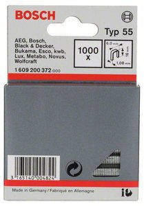 Zszywki z cienkiego drutu, typ 55, 6 x 1,08 x 16 mm, 1000 szt. Bosch Accessories 1609200372, N/A, 1000 szt.