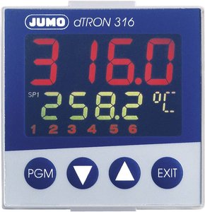 Termostat PID Jumo dTRON 316 Pt100, Pt500, Pt1000, KTY11-6, L, J, U, T, K, E, N, S, R, B, C, D -200 do +2400 °C Przekaźnik 3 A, Analogowe prądowe (D x S x W) 105 x 48 x 48 mm