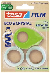 Taśma samoprzylepna tesafilm® eco &amp, crystal – przezroczysta folia samoprzylepna wykonana z materiału PET pochodzącego z recyklingu – odporna na rozdarcie, o dużej sile klejenia – w zestawie z kompaktowym dozownikiem taśmy klejącej Taśma samoprzylepna