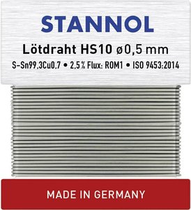 Stannol Radiolot-Wickel HS10 TC Sn99Cu1 stop o zawartości topnika 2,5% o średnicy 0,5 mm na karcie uzwojenia 10g Cyna lutownicza bezołowiowa Stannol HS10 bezołowiowa Sn99,3Cu0,7 ROM1 10 g 0.5 mm
