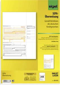 Przelew SIGEL PC SEPA, ważny dla wszystkich banków i kas oszczędnościowych, 250 sztuk Formularz przeniesienia Sigel ZV572 ZV572, 250 ark.