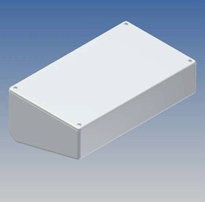 TEKO ABS enclosure with a 15° included plastic panel, niesymetryczne corners, glossy surface, closing by four SCRS.  216 x 130 x 81 mm Light szary RAL 9018 Obudowa uniwersalna TEKO 215P.5, (D x S x W) 216 x 130 x 80.5 mm, ABS, 1 szt.