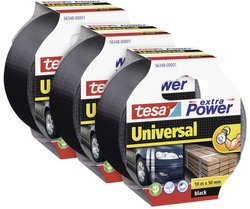 tesa extra Power uniwersalna taśma tkaninowa w opakowaniu 3 szt. - taśma duct zbrojona tkaniną do napraw, mocowania, wiązania, wzmacniania lub uszczelniania - czarna - 3 rolki po 10 m każda Taśma materiałowa tesa  56348 extra Power® UNIVERSAL (D x S) 10 m