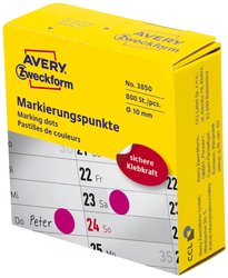 Oznaczniki samoprzylepne AVERY Zweckform (ø 10 mm, 800 kropek samoprzylepnych na rolce w dyspenserze, papier, mat) magenta Avery-Zweckform 3850 Etykiety do oznaczników Ø 10 mm czerwony 800 szt. Trwały Papier