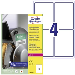 Avery-Zweckform L7915-40 Etykieta uniwersalna 99.1 x 139 mm Folia polietylenowa biały 160 szt. Trwały laserowa 40 arkusz DIN A4