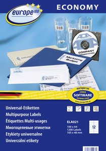 Europe 100 ELA021 Etykieta uniwersalna 105 x 48 mm Papier biały 1200 szt. Trwały Drukarka atramentowa, Drukarka Laserowa, Drukarka Laserowa, kolorowa, Kopiarka, Drukarka z funkcją kopiowania w kolorze, Drukarka etykiet