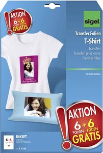 SIGEL HOT DEAL T-shirt folie transferowe na jasne tekstylia, 6 folii + 6 folii gratis Sigel T1156 T1156 Folia transferowa do koszulek  197 g/m² 12 ark.