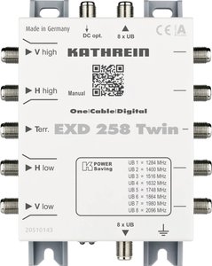 Kathrein EXD 258 Twin Multiprzełącznik SAT, kaskadowy, jednokablowy Wejścia (multi-switch): 5 (4 sat/ 1 naziemne) Ilość uczestników: 16