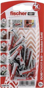 Fischer DUOPOWER 6x30 S K (12 szt.) wraz za śrubą Zestaw kołków Fischer DUOPOWER 535214  1 zest.