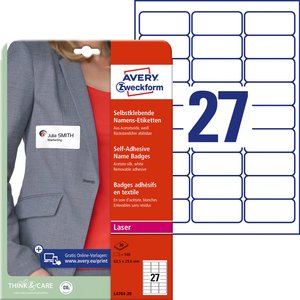 Avery-Zweckform L4784-20 Etykiety z nazwami 63.5 x 29.6 mm Jedwab octanowy biały 540 szt. Z możliwością usunięcia Drukarka Laserowa, kolorowa, Drukarka Laserowa, Drukarka etykiet
