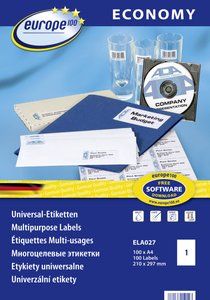 Europe 100 ELA027 Etykieta uniwersalna 210 x 297 mm Papier biały 100 szt. Trwały Drukarka atramentowa, Drukarka Laserowa, Drukarka Laserowa, kolorowa, Kopiarka, Drukarka z funkcją kopiowania w kolorze, Drukarka etykiet