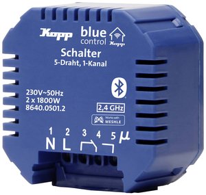 Aktor przełączający Blue-Control, 1-kanałowy, 5-żyłowy, ze stykiem bezpotencjałowym, z technologią Bluetooth mesh, 230 V~, 50 Hz, 3600 W, 2,4 GHz, IP20 Element wykonawczy Kopp 8640.0501.2, 1 szt.