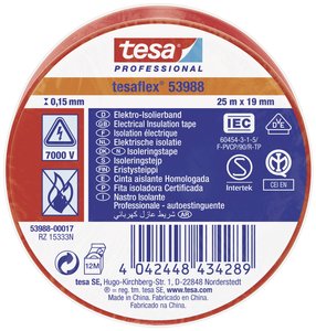 tesaflex® 53988 — taśma izolacyjna z PVC do izolowania i oznaczania kabli, 25 m x 19 mm, czerwona Taśma izolacyjna tesa  53988-00017-00 tesaflex IEC (D x S) 25 m x 19 mm 25 m 1 szt.